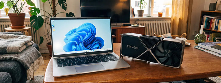 A laptop and a graphics card on a table
