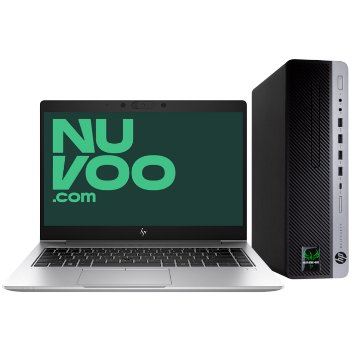 Kannettava tietokone ja pöytätietokone vierekkäin, kannettavan tietokoneen ruudulla on Nuvoon logo