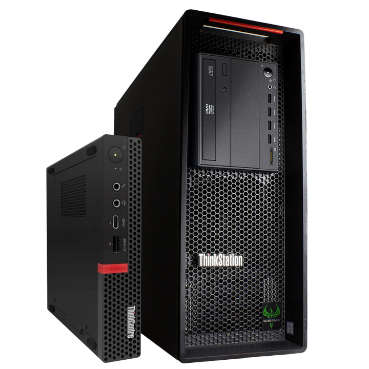 Kaksi Lenovo-merkin pöytätietokonetta vierekkäin