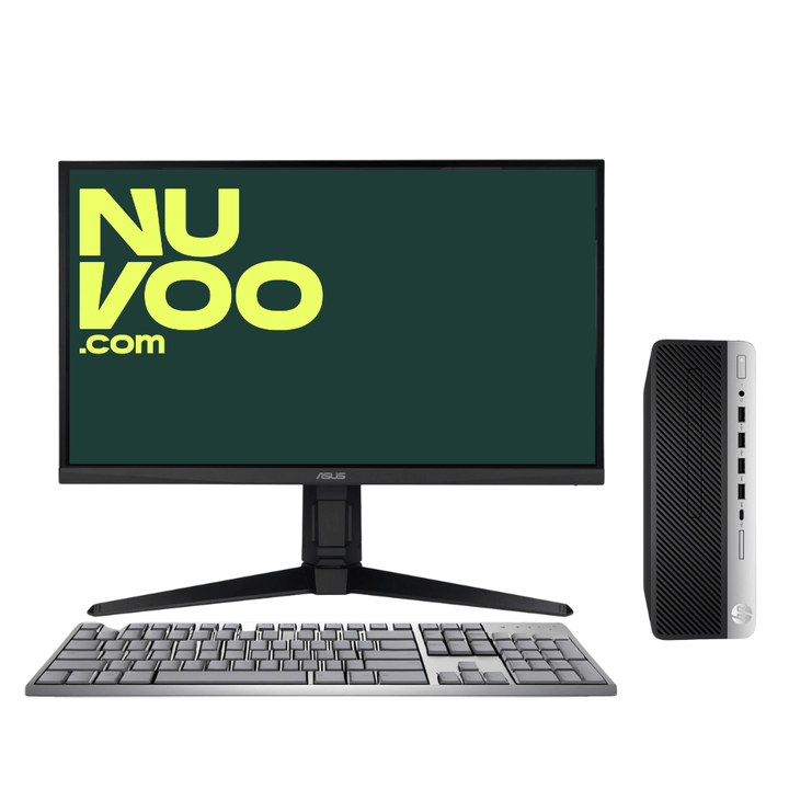 Tietokoneen näyttö, näppäimistö ja mini-pc
